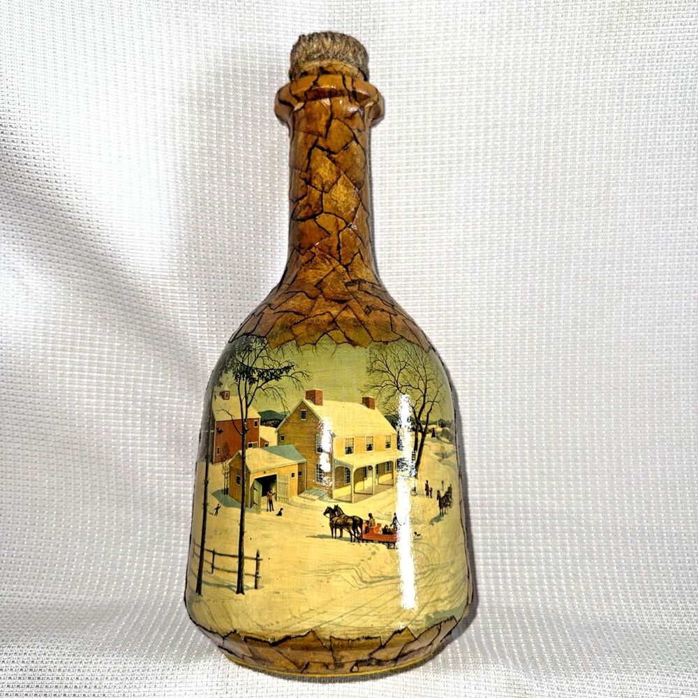 Vintage 1970 Decoupage Horse Drawn Sleigh Winter Snow Scene Handmade Bottle Vase
